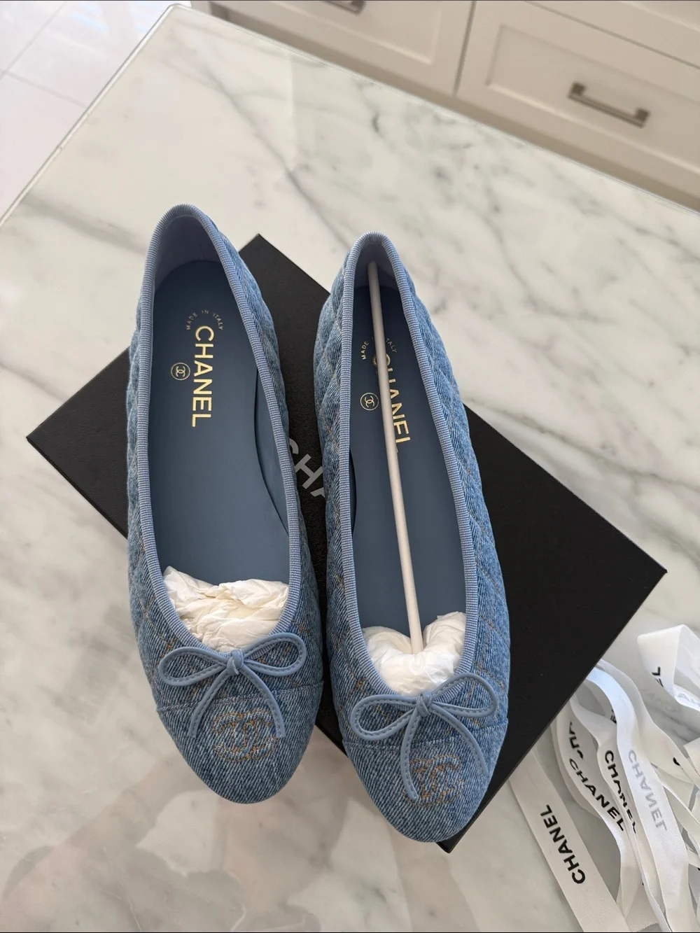 CHANEL Light Blue Quilted Denim Ballet Flats with Bow